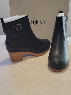 Style & Co. "Toryy" Clog Ankle Booties, Black with Wood-Tone Heel, NIB